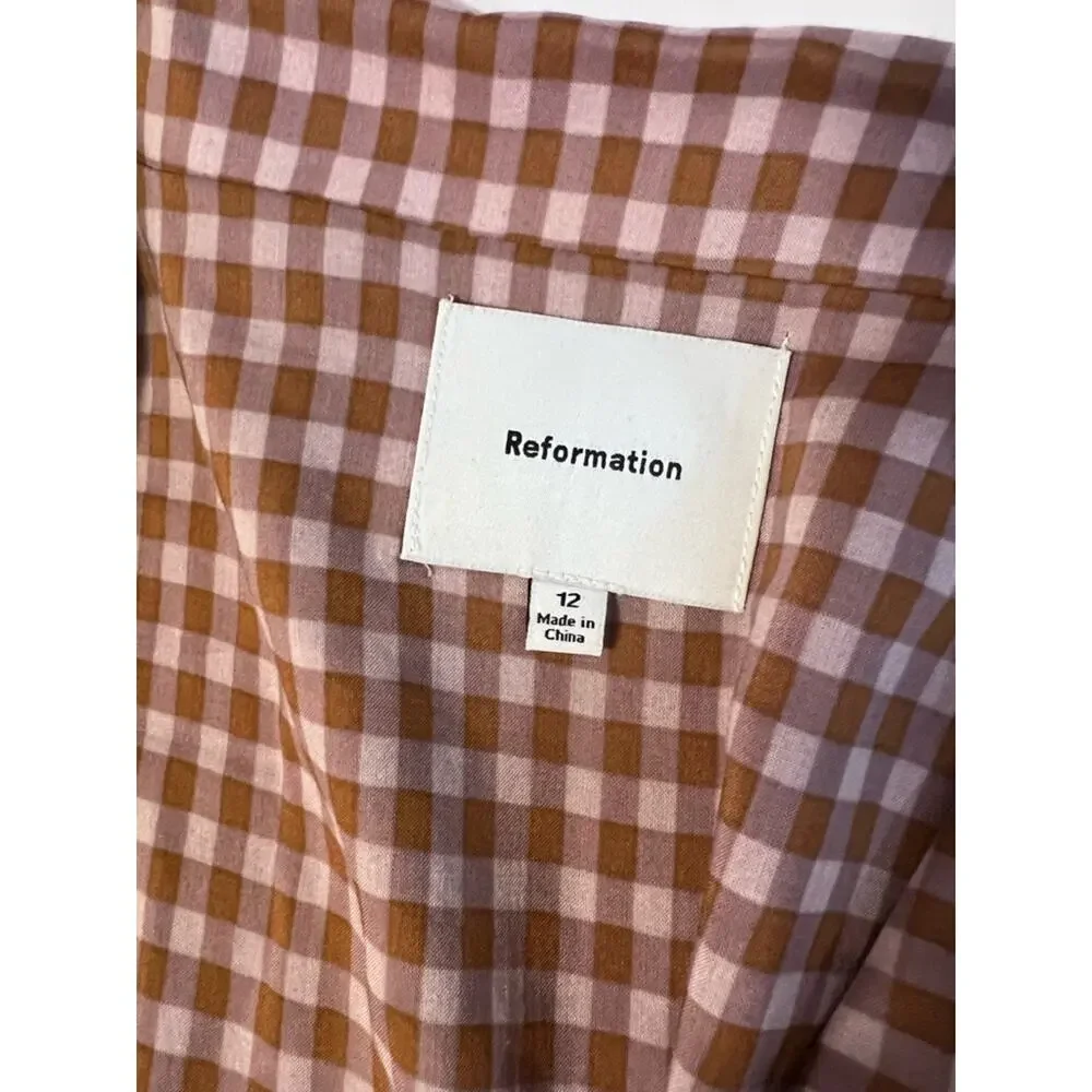 Reformation Olli Top  Audrie Check Short Sleeves Button Front Sz 12